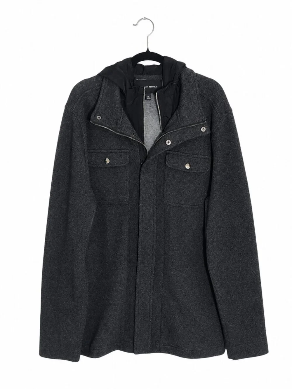 Banana Republic Mens Charcoal Gray Coat with Black Nylon Hoodie Size XL